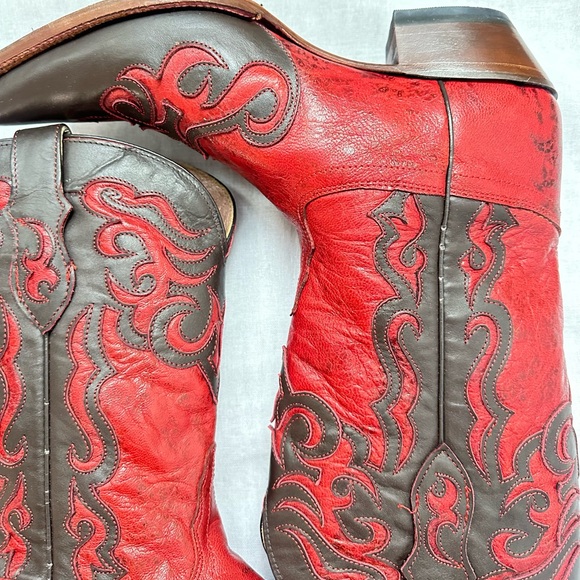 Tony Lama Women’s Red Brown Leather Cowboy Western Snip Toe Boots Size 9.5 - Picture 3 of 14